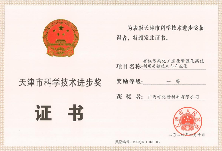廣西銀億榮獲“天津市科學技術進步獎”一等獎